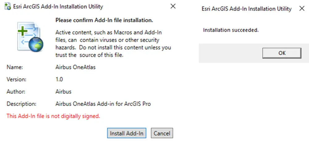 Figure 1 — Confirm the Add-In installation, then wait for the success message.