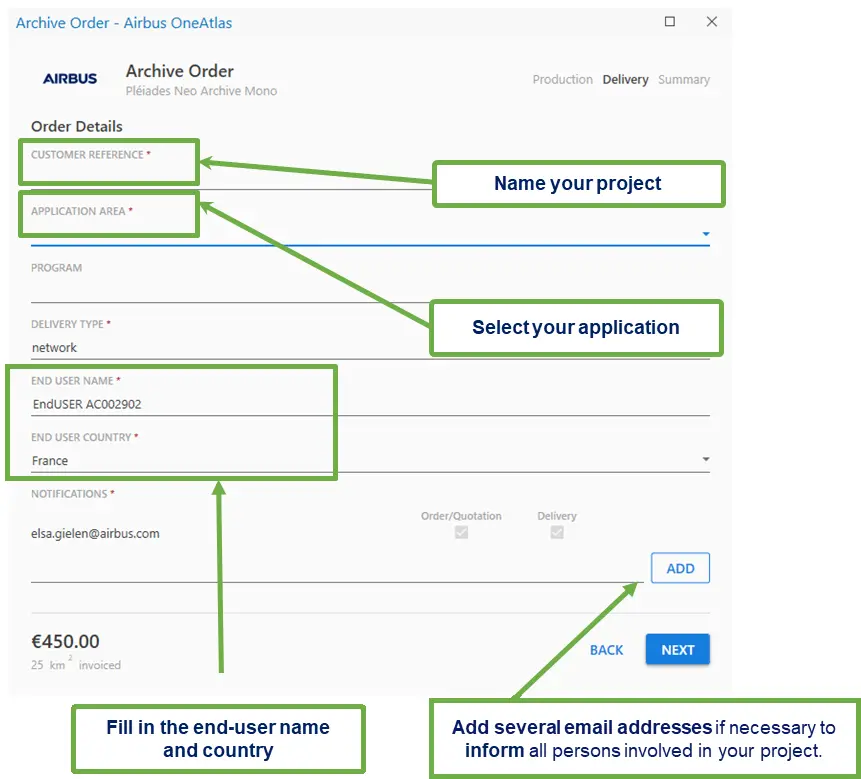 Figure 10 — Order wizard, Step 2 Delivery: project name, application, end-user information and notification emails