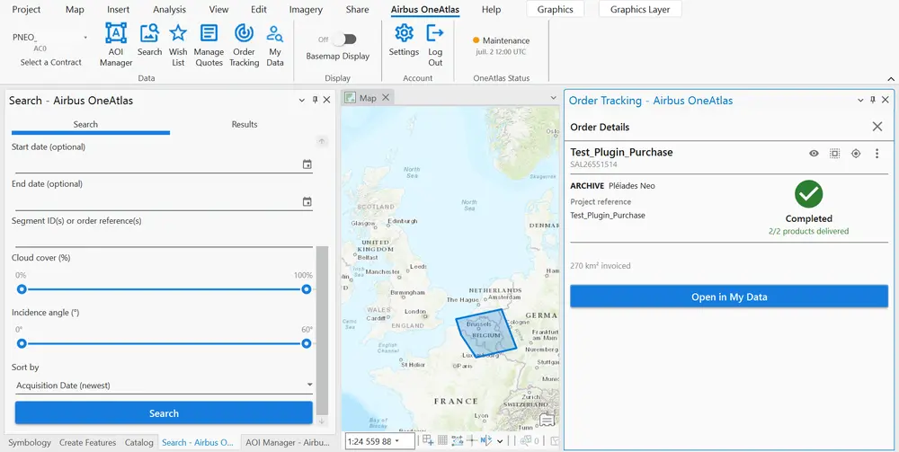 Figure 13 — Order detail panel, PPO / Pléiades Neo contract — order completed, 2/2 products delivered