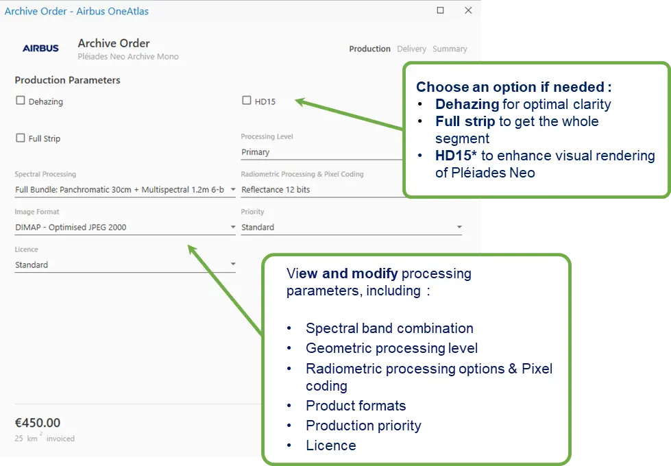 Figure 9 — Order wizard, Step 1 Production: choose optional processing and view/adjust the technical parameters