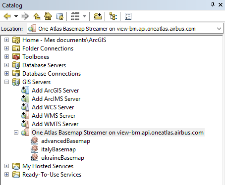 arcmap connection catalog panel with one atlas basemap expanded